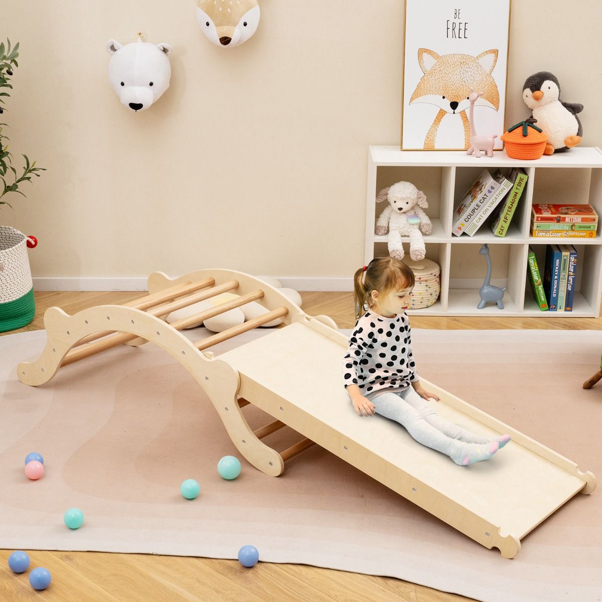 Coast 3-in-1-Kletterleiterset aus Holz mit Bogen, Rutsche und Matte - 116 x 50 x 39 cm - Natur