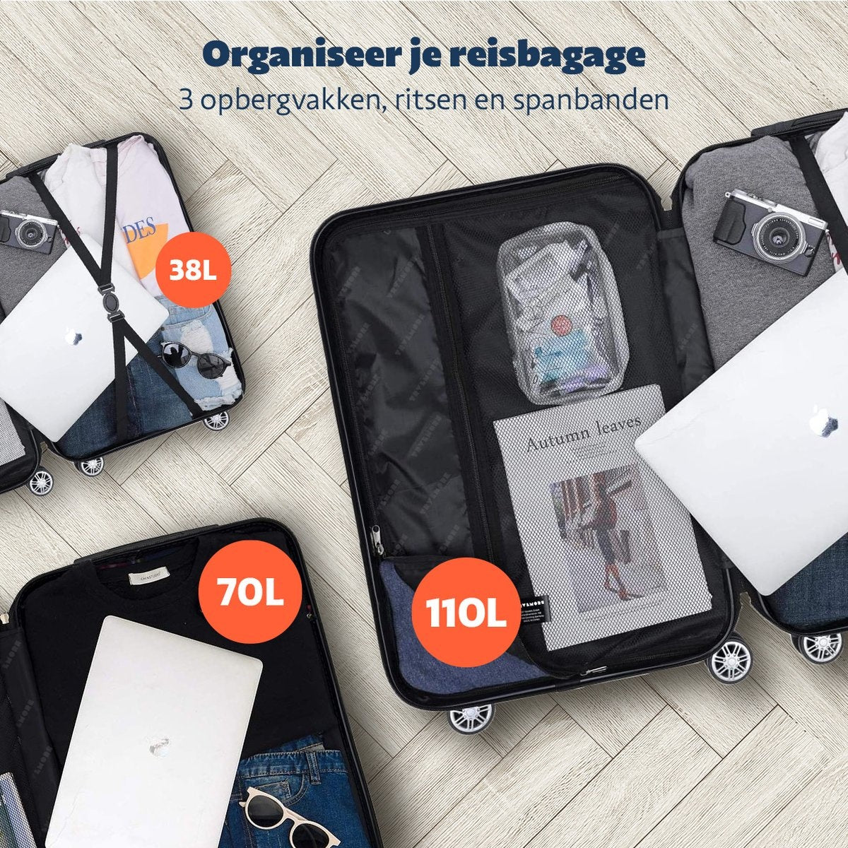 TRVLMORE - Kofferset - 3 Stück - 38L (Handgepäck) + 70L + 110L - Dunkelgrau