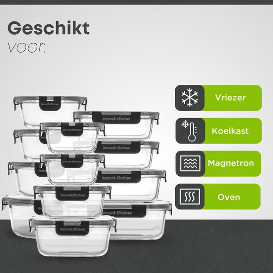 Savoré Küche Aufbewahrungsschalen Set - Mahlzeit Vorbereitung Tabletts - Gefrierschrank Tabletts Glas - luftdicht - 12 Stück