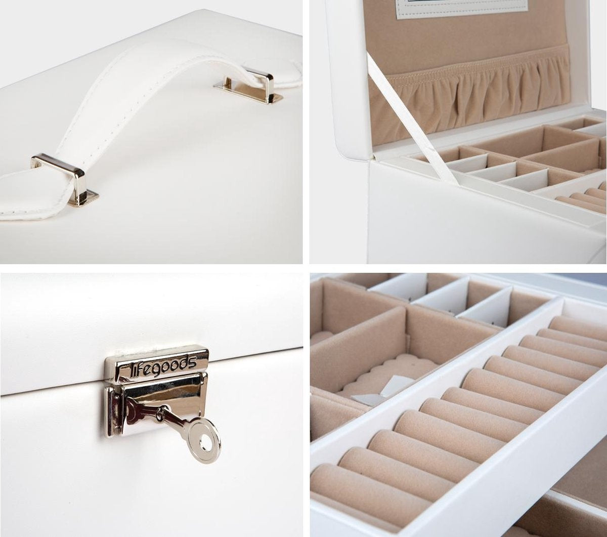 LifeGoods Schmuckkästchen XL - Schmuckkästchen - 20 Fächer - Weiß/Beige