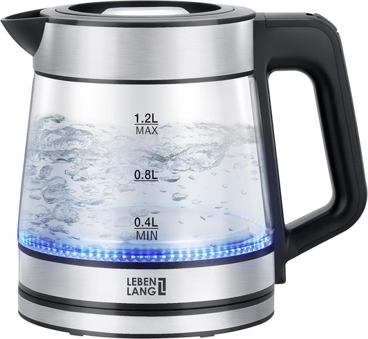 LEBENLANG - Glas-Wasserkocher - Klein - 1,2 Liter - LED-Licht - Edelstahl-Design - BPA-freier Wasserkocher - Leiser und kleiner Reise-Wasserkocher für Camping