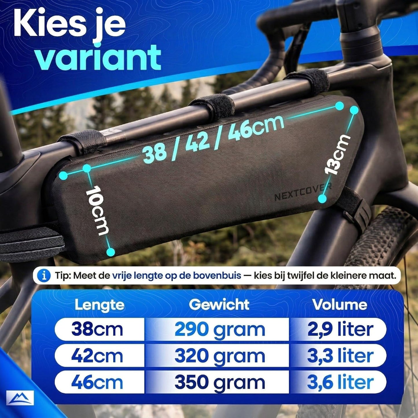 Nextcover Bikepacking-Rahmentasche – 38 cm – Schwarz – 3 Liter – 100 % wasserdichtes TPU – Fahrrad-Rahmentasche für Gravelbike, Rennrad und MTB