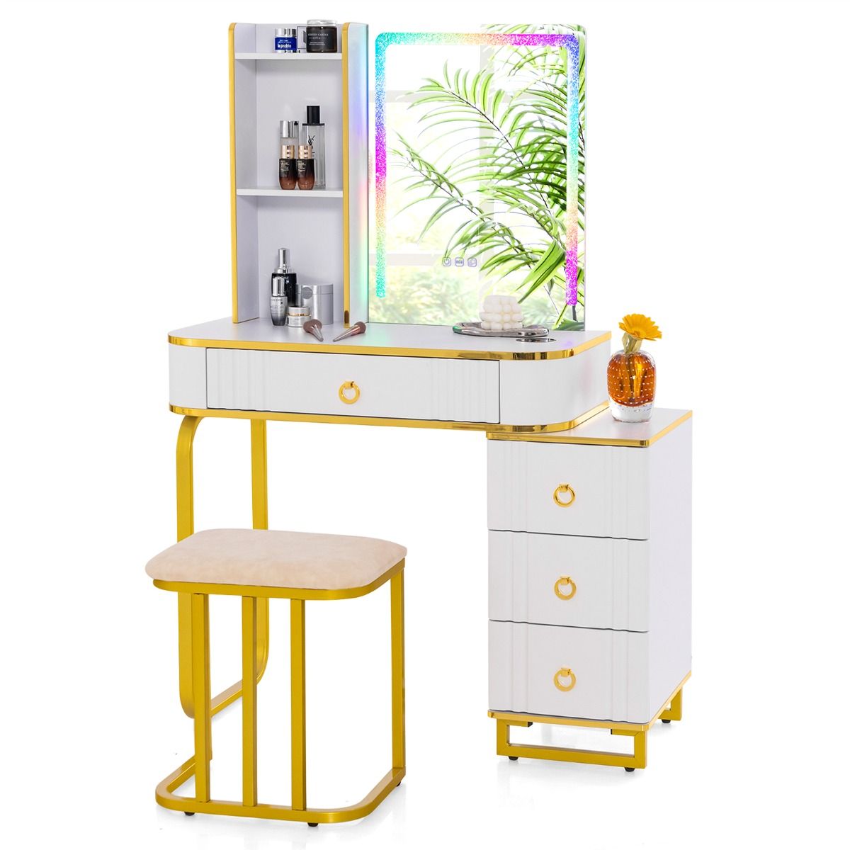 coast Schminktisch-Set mit Spiegel 80×40×137 cm - Weiß - LED mit 7 dynamischen & 7 statischen Modi - Kabellose Ladestation & USB/Type-C - Inklusive Hocker
