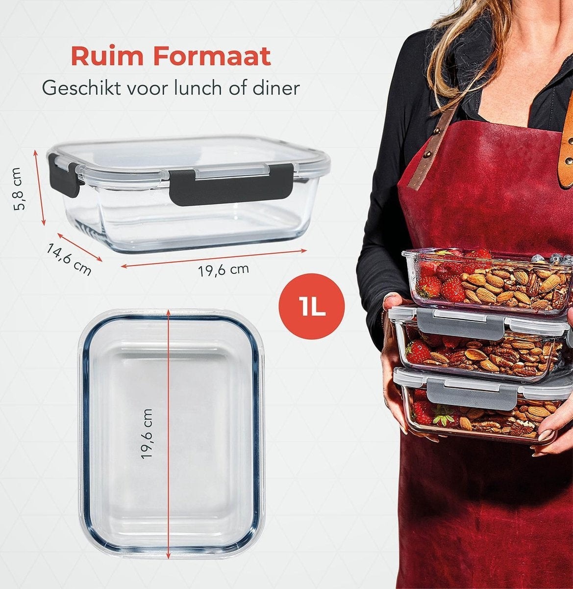 KitchenBrothers Meal Prep Trays - Frische-Schalen-Set - luftdicht - BPA-frei - 1L - Glas - 5 Stück