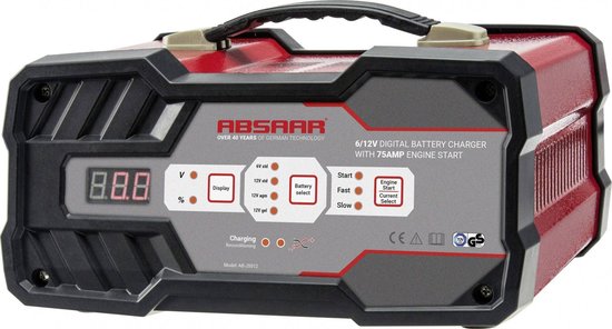 Absaar Batterieladegerät & Starthilfe – 6 V/12 V – 2–12 A Ladestrom – 75 A Starthilfe – 25–120 Ah 12-V-Batterie – AGM, Gel & Blei-Säure