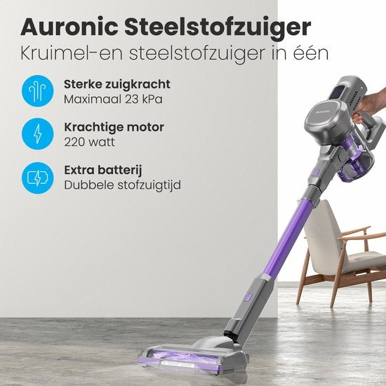 Auronic Stick Staubsauger - Kabellos - Beutellos - Akkubetrieben - Selbstständig - 220 W - Extra Akku - Grau/Lila