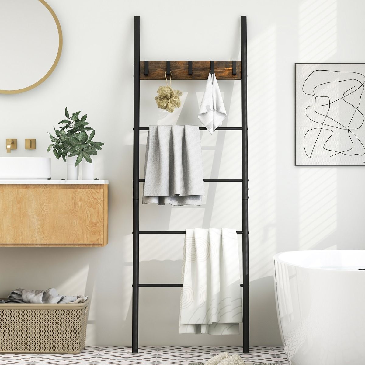 Coast Wand-Leiterregal 5-lagig 60x3,5x180 cm Rustikales Braun & Schwarz mit 5 abnehmbaren Haken