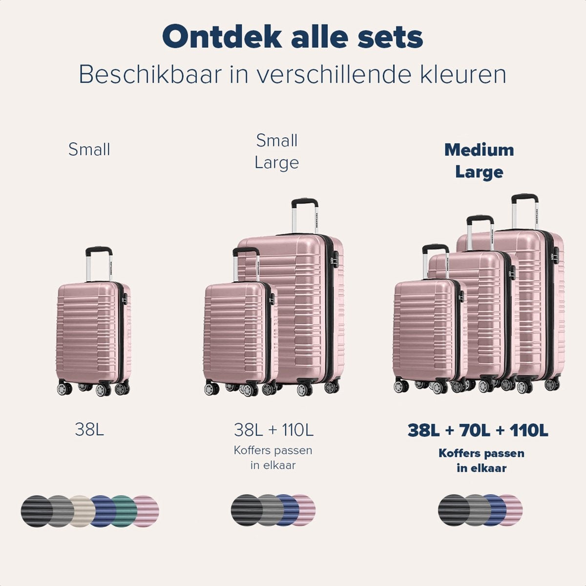 TRVLMORE - Kofferset - 3 Stück - 38L (Handgepäck) + 70L + 110L - Rose Gold