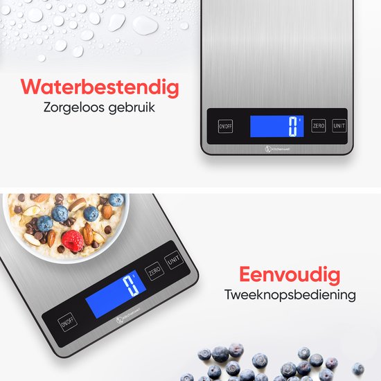 Kitchenwell Digitale Präzisionsküchenwaage - Küchenwaage - 1gr - 10kg - Tara-Funktion - USB wiederaufladbar - Grau
