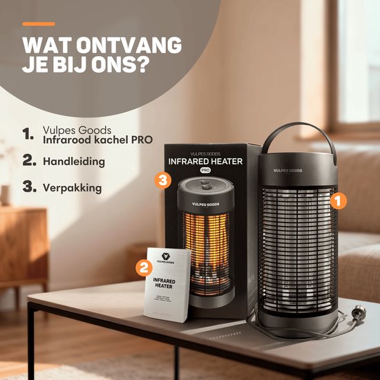 Vulpes Goods® Tech - Infrarotheizung - Elektroofen - Infrarotheizung - Heizung - Zusatzheizung für drinnen und draußen - 1200W - 120°/360° Rotation - 2 Wärmestufen - Kompakt & Tragbar - Geräuschlos - IPX4 Wasserdicht - Schwarz
