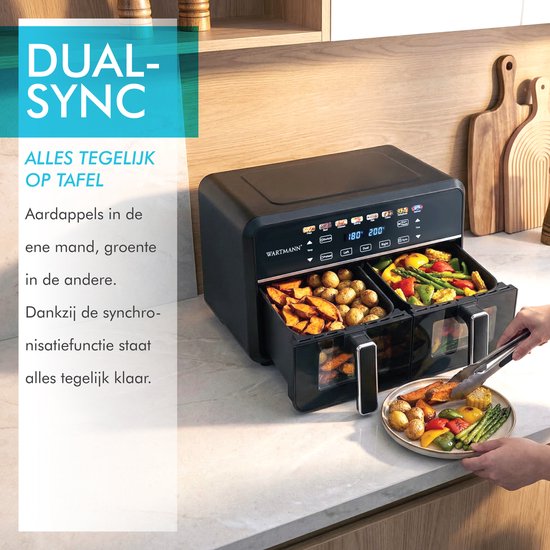 Doppel-Heißluftfritteuse XXL 11 l - PFAS-freie Heißluftfritteuse – Infrarot – Dual Zone – 2 x 5,5 l – 40–200 °C – 8 Kochprogramme – 2850 W – WM-2511 AF – Schwarz