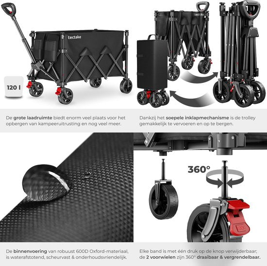 tectake® Handkarren – Zusammenklappbar – 80 kg Tragkraft – Schwenkbare Vollgummiräder mit Bremse – 45 x 88 x 95 cm - Handkarren – Transportwagen – Mit verstellbarer Schubstange – Handkarren – Wasserabweisender Transportwagen – Mit Ablagebrett und Innenfac