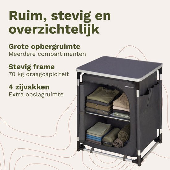 TRVLMORE Camping-Schrank – Campingküche – 70 kg Tragkraft – Aluminiumrahmen – zusammenklappbar – inkl. Tragetasche – 50 x 60 x 72 cm – grau