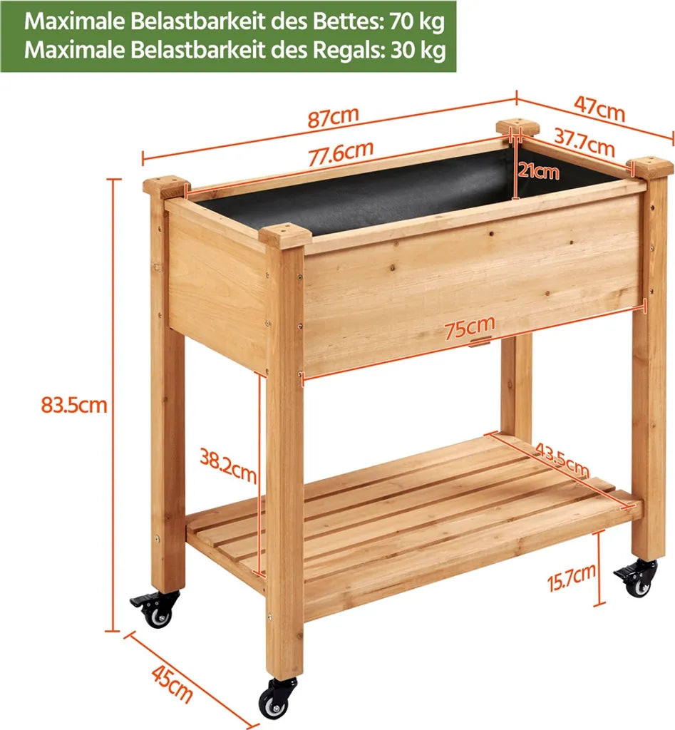 Yaheetech Erhöhter Pflanzkübel auf Rädern 87 x 47 x 83,5 cm – Hellbraun – Pflanzkübel aus Holz mit Ablagebrett