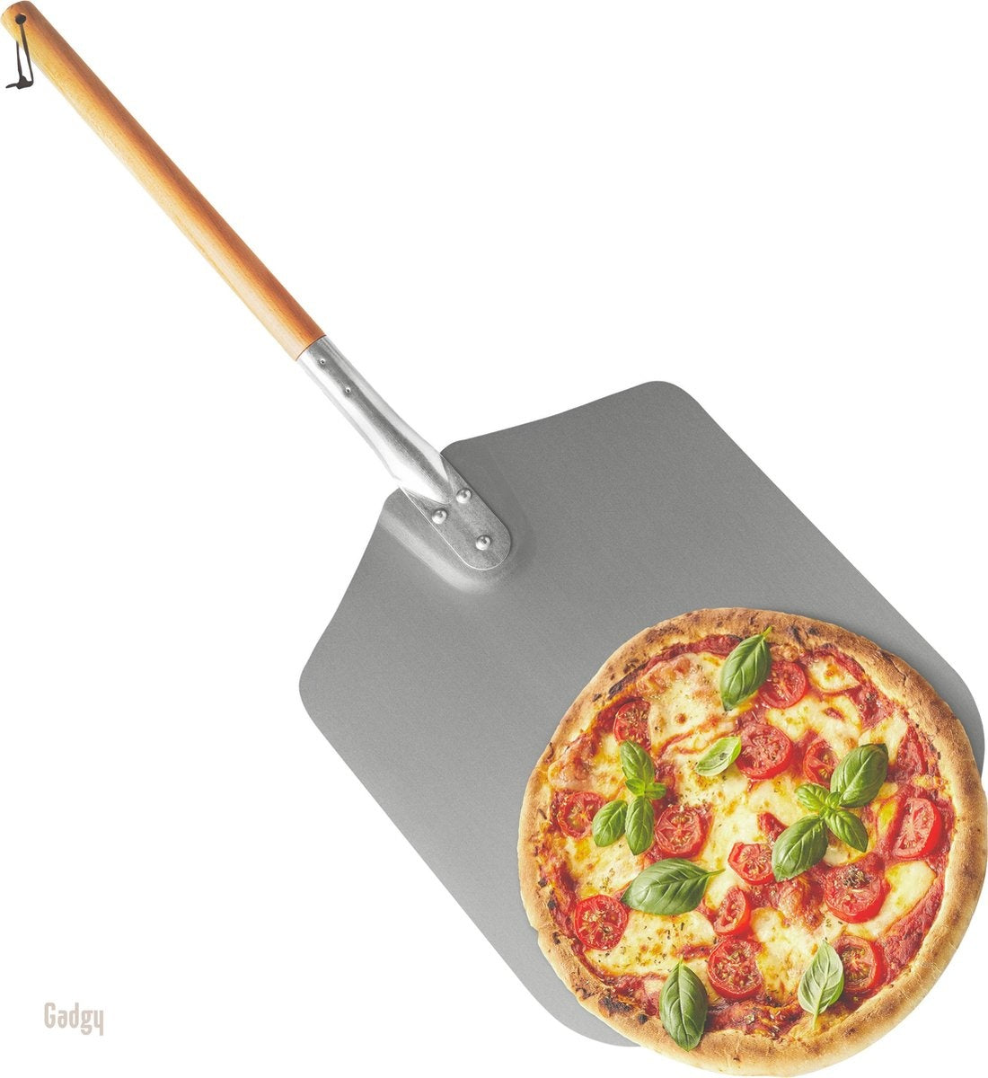 Gadgy Pizzaschaufel für Grill und Backofen - Pizzaspachtel - Geschenk zum Vatertag - Langer Holzgriff - VOfaßbar - Aluminium