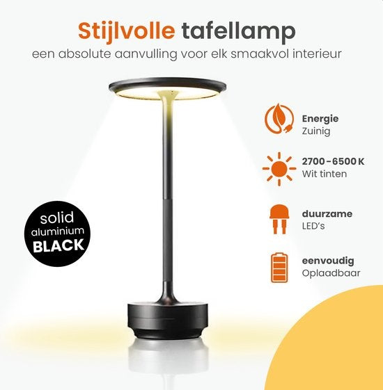 Goliving Tischlampe Wiederaufladbar - Kabellos und dimmbar - Moderne Touch-Lampe - Nachtlampe für das Schlafzimmer - Spritzwassergeschützt - 27 cm - Schwarz