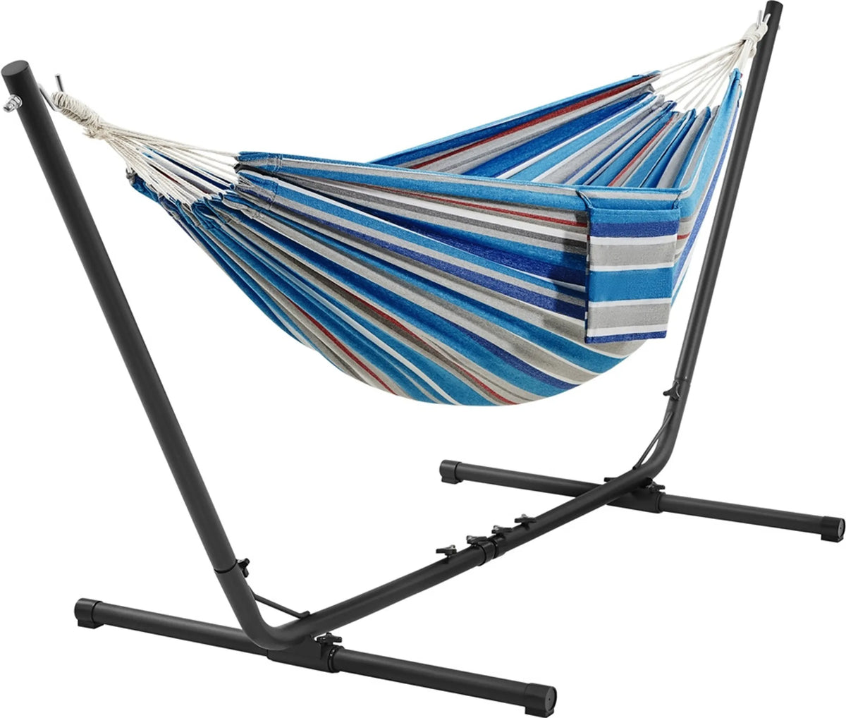 Camping-Hängematte mit Ständer für 2–3 Personen, verstellbar von 294 bis 314 cm, blau
