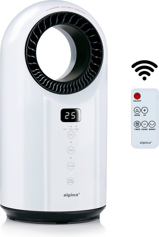 alpina Elektro-Heizlüfter 1500W - Keramik-Heizlüfter mit Timer und Fernbedienung - Oszillierender Heizlüfter mit Kühl- und Heizfunktion - 18 x 18 x 37cm