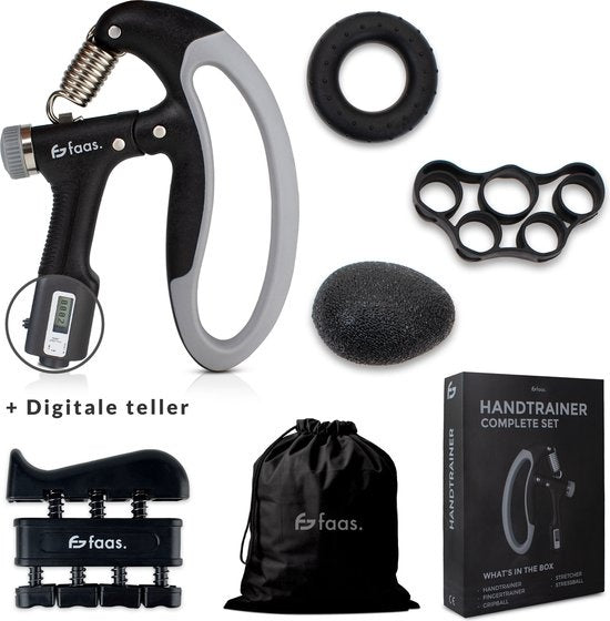 Handtrainerset - 5-teilig - 10 bis 100 KG - Digitaler Zähler - Hand-, Unterarm-, Handgelenks- & Fingertrainer - Stressball, Squeephalter, Stretcher & Grip Ball