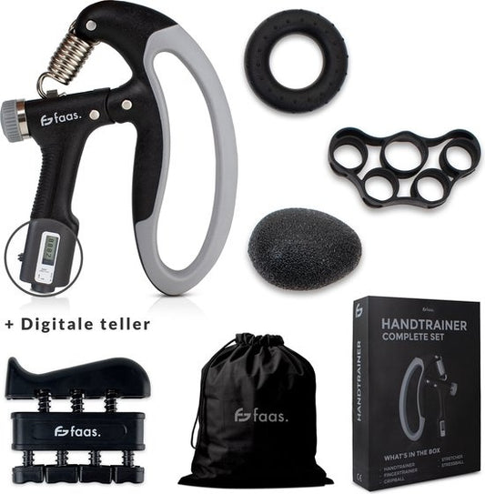 Handtrainerset - 5-teilig - 10 bis 100 KG - Digitaler Zähler - Hand-, Unterarm-, Handgelenks- & Fingertrainer - Stressball, Squeephalter, Stretcher & Grip Ball