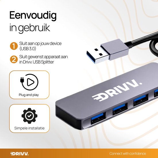 Drivv. USB-Splitter 4 Ports - USB 3.0A - USB-Hub 3.0 - Aluminiumgehäuse - Grau