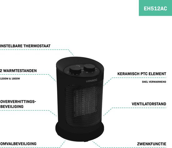 VONROC Elektroheizung - Heizlüfter - 1200W/1800W - Keramik - 3 Einstellungen - Thermostat - Schwenkfunktion - 20m2