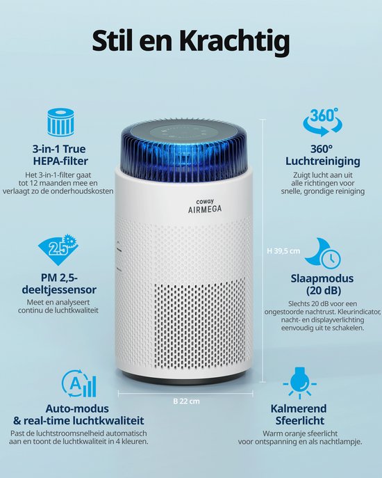 Coway Airmega 100 Luftreiniger – Für Räume bis zu 63 m² – HEPA-Filter + Aktivkohlefilter – 244 m³/h – Gegen Staub, Pollen und Allergene – Flüsterleise (20 dB) – ECARF-zertifiziert – Luftreiniger –