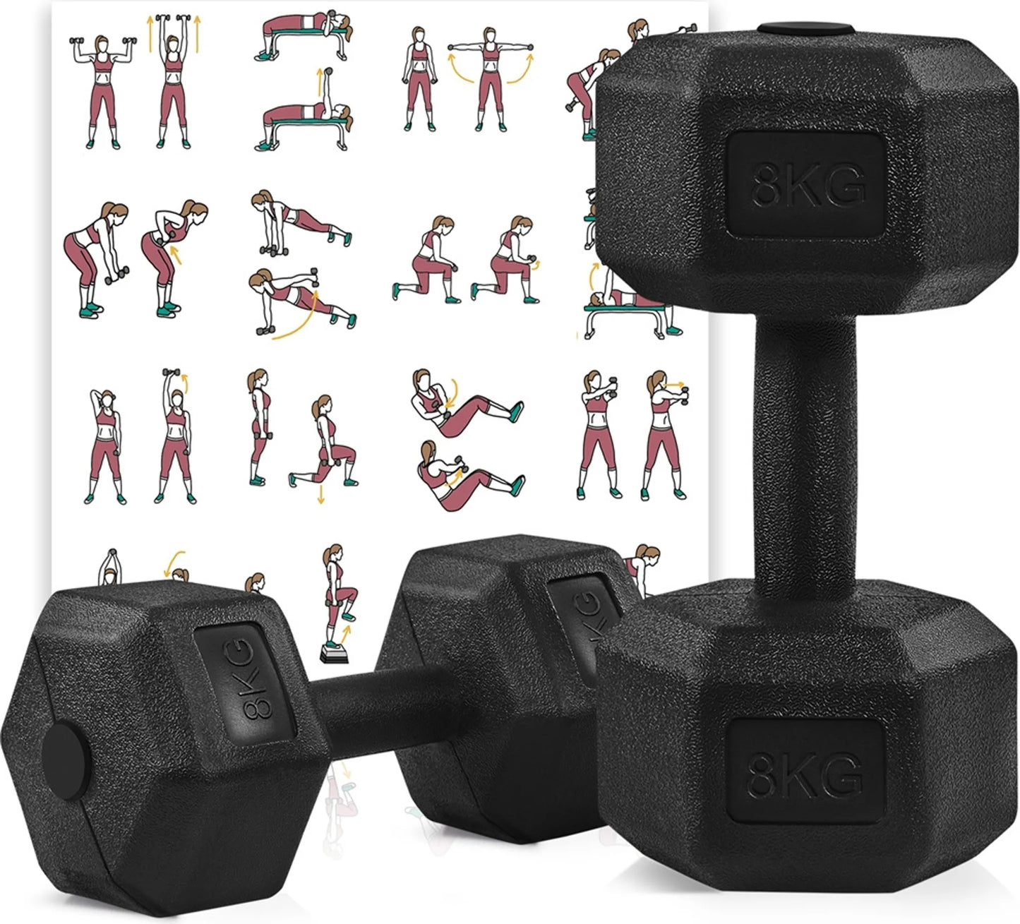 Yaheetech Hanteln Set von 2 x 8 kg - 33,5 x 17 x 15 cm - Features Hexagonal Kopf und Anti-Roll-Design und Kunststoffbeschichtung - für Krafttraining und Home Gym - Schwarz Kunststoff und Beton