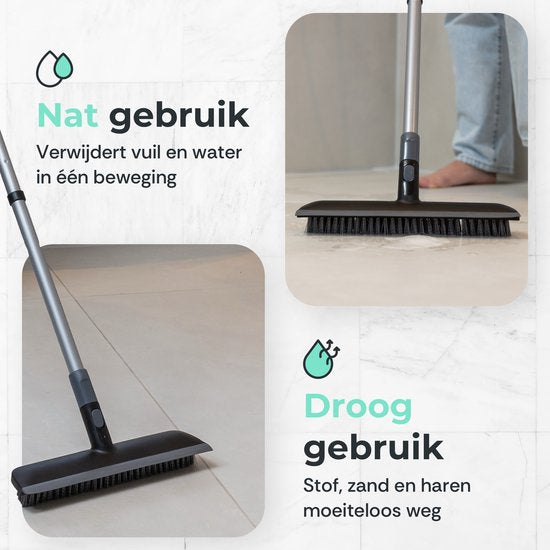 CLEANLY Schrubber und Bodenwischer mit Stiel - Reinigungsbürste - Schrubber - Schrubber mit Stiel - Schrubber - Wischer - Verstellbar 116-144 cm - Breite 30,5 cm - Schwarz, Grau