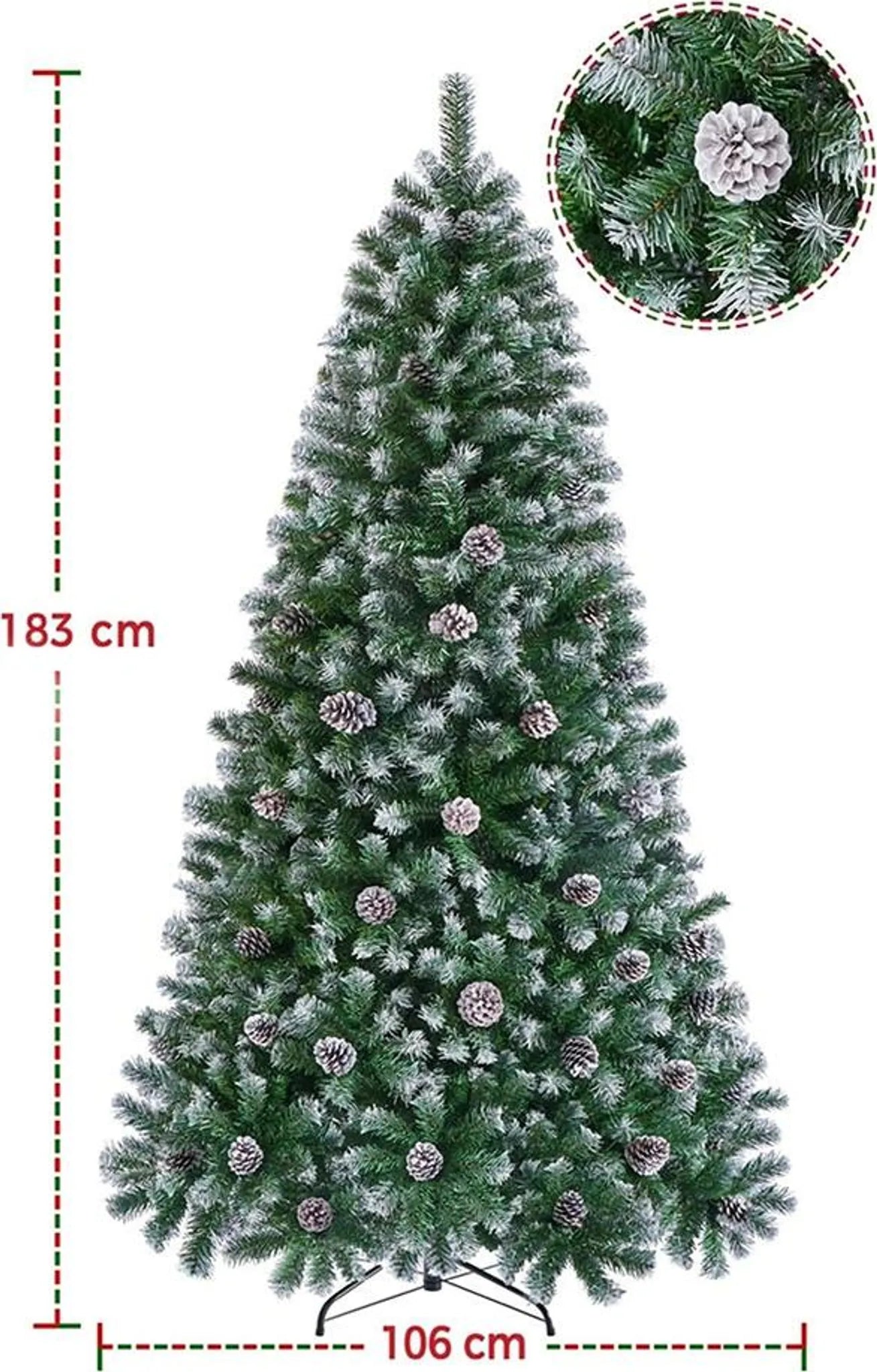 Yaheetech Künstlicher Weihnachtsbaum verschneit - 183 cm - mit 920 Zweigen und natürlichen Tannenzapfen und klappbarem Metallständer - für drinnen und draußen - grünes PVC und Metall - 106 x 106 x 183 cm