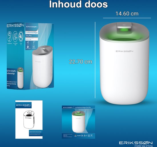 Erikssøn Luftentfeuchter Dry Pro - Entfeuchtet bis zu 0,6 Liter pro Tag - Geeignet für Haus, Schlafzimmer und Badezimmer und Wohnzimmer und Keller - Luftentfeuchter - Weiß
