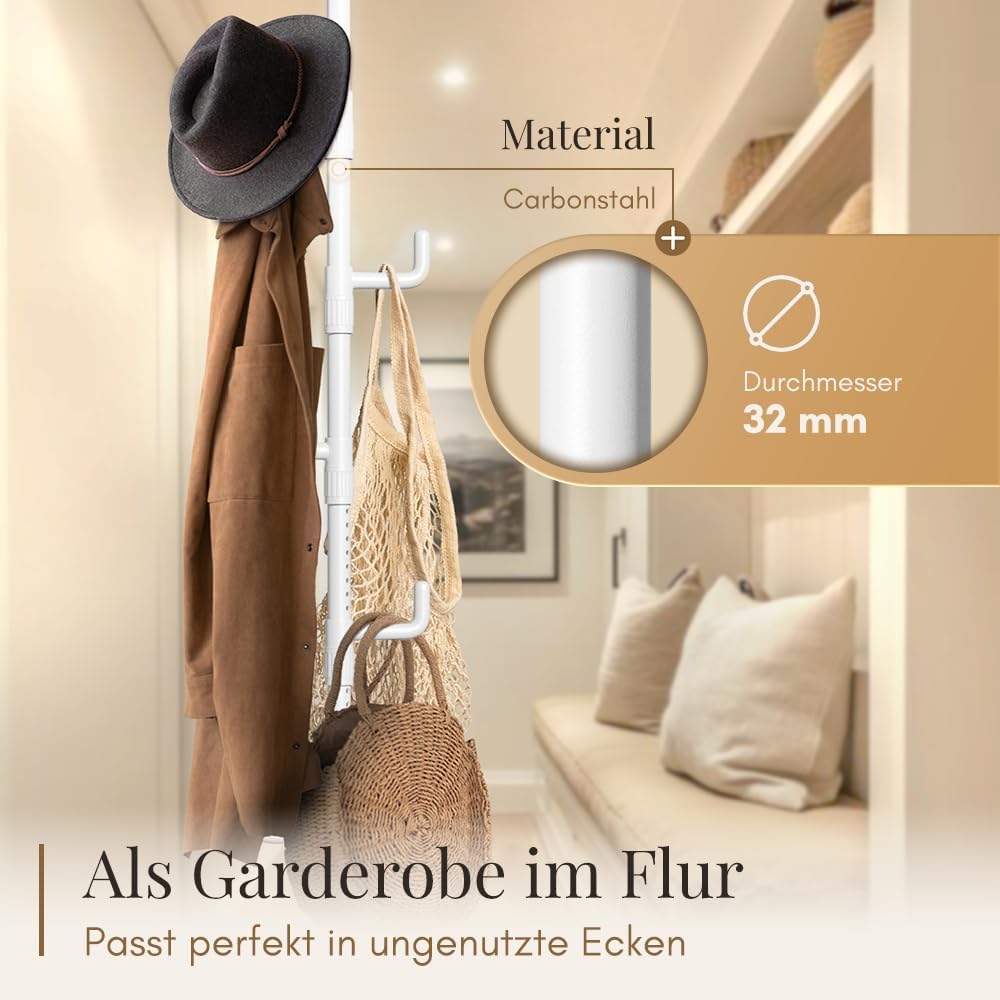 LOBUX® - Garderobenständer ausziehbar, 5 Haken [weiß, 110-310cm] - Teleskop-Garderobenständer stabil - platzsparender Metall-Garderobenständer - Dienerschaftständer Schlafzimmer - Flurgarderobe - Kleiderständer Balkon
