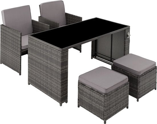 tectake - Geflechtsitzgruppe, 5-teiliges Lounge-Gartenmöbel-Set mit Tisch, Sessel und Hocker, Essgruppe für bis zu 4 Personen, Garten- und Balkonmöbel inkl. Kissen - grau - Poly-Rattan