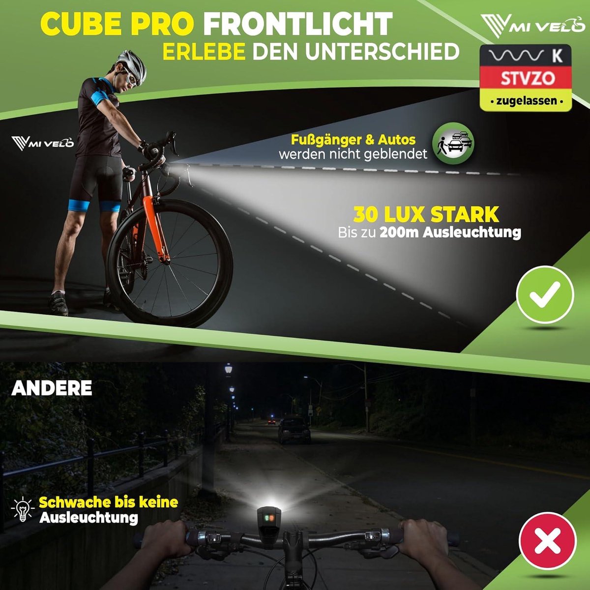 MIVELO Fahrradlichtset - Mit Bremsanzeige -  StVZO geprüft - Wasserdicht - Schwarz