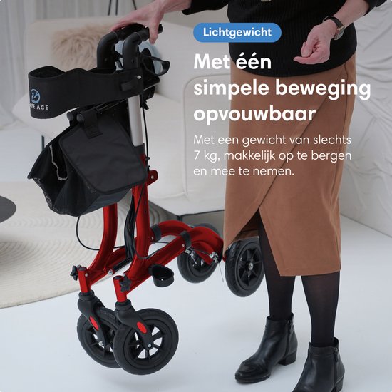 Safe Life® Rollator - Leicht und faltbar - Sitzfunktion - Für den Innen- und Außenbereich - Rückenlehne und Gehstockhalterung - Rot