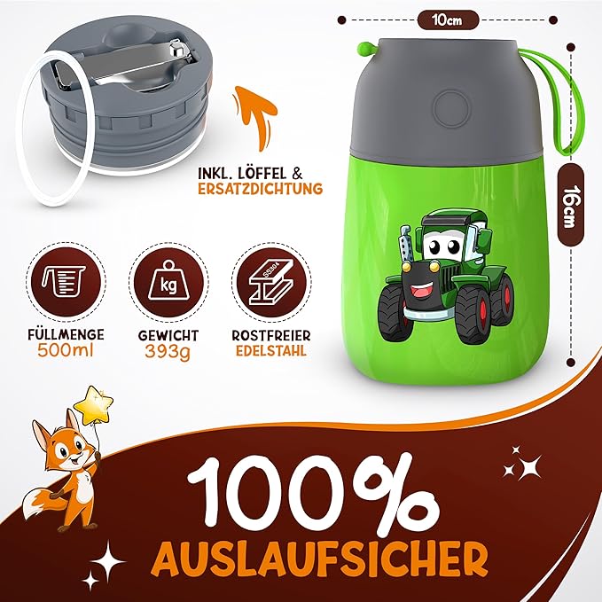 Funkelfuchs® Thermobecher für Kinderkost - 500ml, grüner Abzug - 100% auslaufsicher - Essenswärmer aus Edelstahl - Thermobecher Essen - Thermo-Lunchbox Kinder - Babykostwärmer
