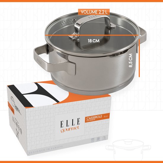 ELLE Gourmet Modern Edelstahl Kochtopf mit Deckel - Ø 18 cm - Kochtopf - PFAS frei - Induktion