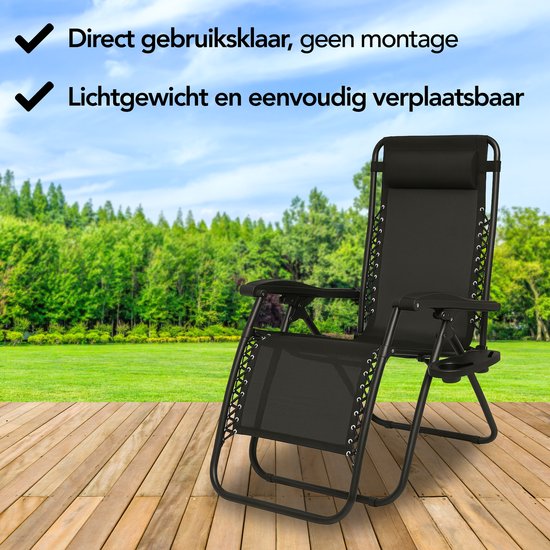 Brixy Faltbarer Gartenstuhl - Liegestuhl - Faltbar - Verstellbar - Ergonomisches Kopfkissen - Metall - Textil - Schwarz