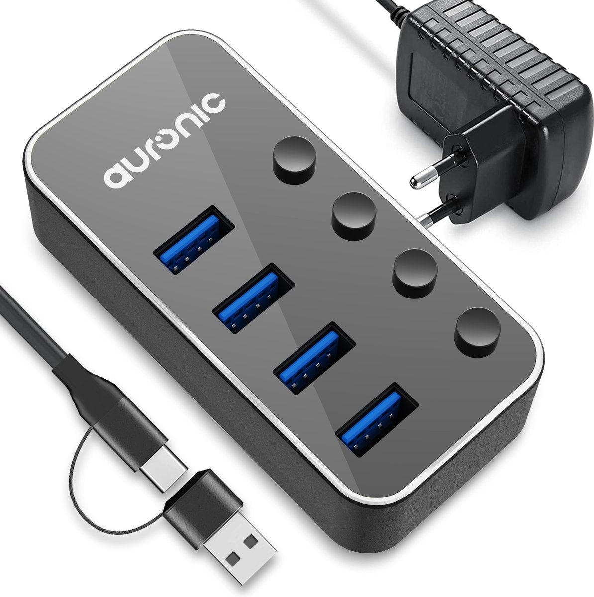 Auronic USB Hub 3.0 - USB Splitter mit 4 Ports - mit Netzteil - 5 GBPs - Led-Anzeige - Schwarz