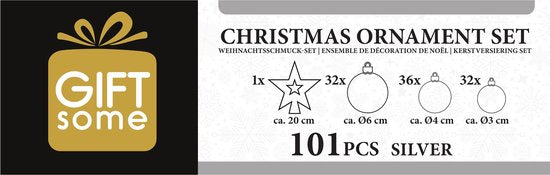 Giftsome Silbernes Weihnachtskugeln-Set – 101 Weihnachtskugeln aus Kunststoff – inkl. silberner Spitze – Weihnachtsdekoration – 3/4/6 cm