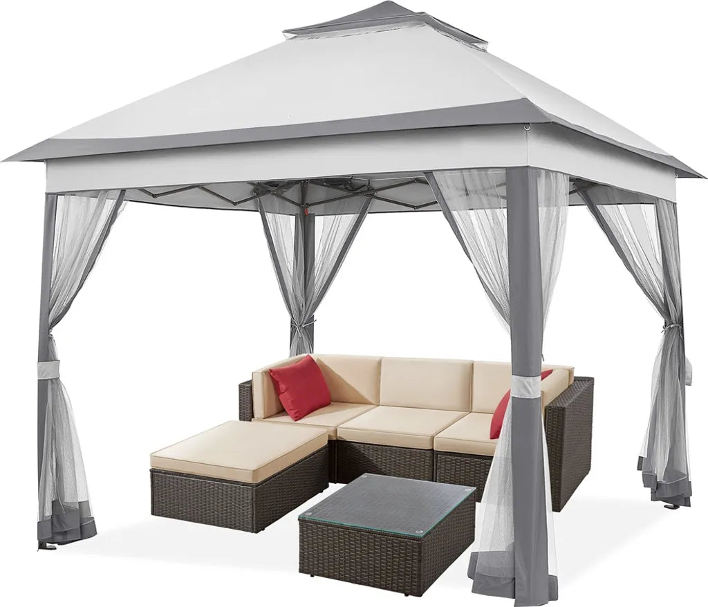 Yaheetech Pop-up-Partyzelt 330 x 330 cm – Hellgrau/Dunkelgrau – Zusammenklappbarer Gartenpavillon mit doppeltem Dach und 4 Seitenwänden aus Netzgewebe