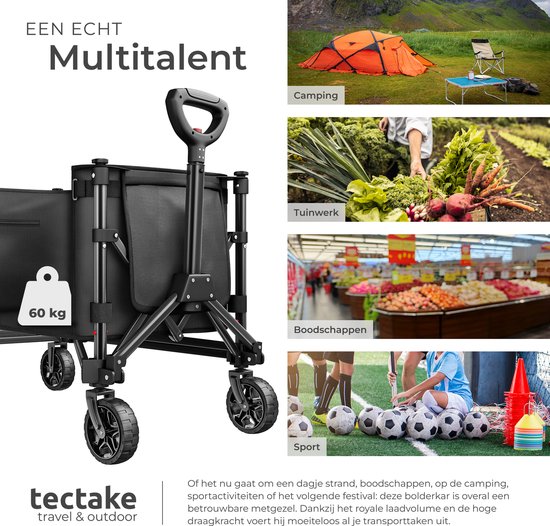 tectake® Handwagen – Zusammenklappbar – 60 kg Tragkraft – Schwenkbare Massivräder – 47 x 83 x 90 cm - Handkarren – Transportwagen – Mit verstellbarer Schiebestange – Handkarren – Wasserabweisender Transportwagen – Mit Ablagebrett und Innenfach
