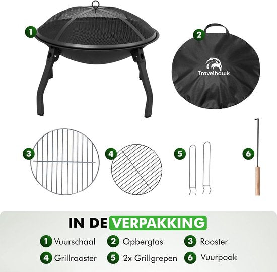 Travelhawk Feuerschale – Tragbare, zusammenklappbare Outdoor-Feuerschale – Feuerkorb für Grill – Mit Funkenfänger – Für Kohle oder Holz – 55 cm Durchmesser – Inklusive Deckel, Aufbewahrungstasche, Feuerzange und Grillrost