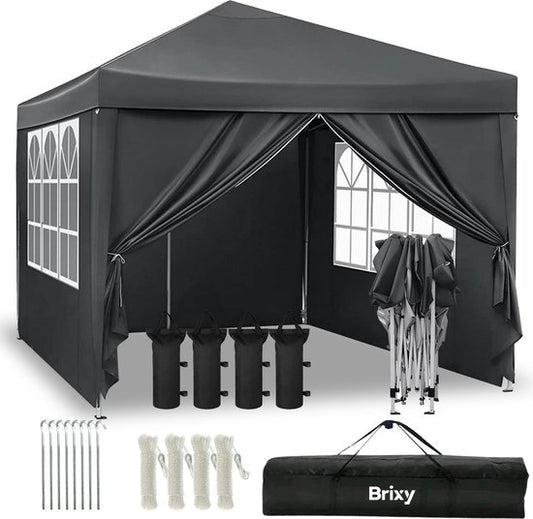 Brixy Partyzelt - faltbar - leicht aufbaubar - 3x3m - wasserdicht - Pavillon mit Seitenwänden - inkl. Tragetasche - Schwarz