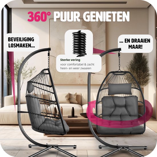 tectake - Luxuriöser Hängesessel - klappbarer und drehbarer Eiersessel mit Ständer - dicke Kissen - rutschfeste Füße - Schutzhülle inklusive. Ideal für Garten, Terrasse, Schlafzimmer - dunkelgrau