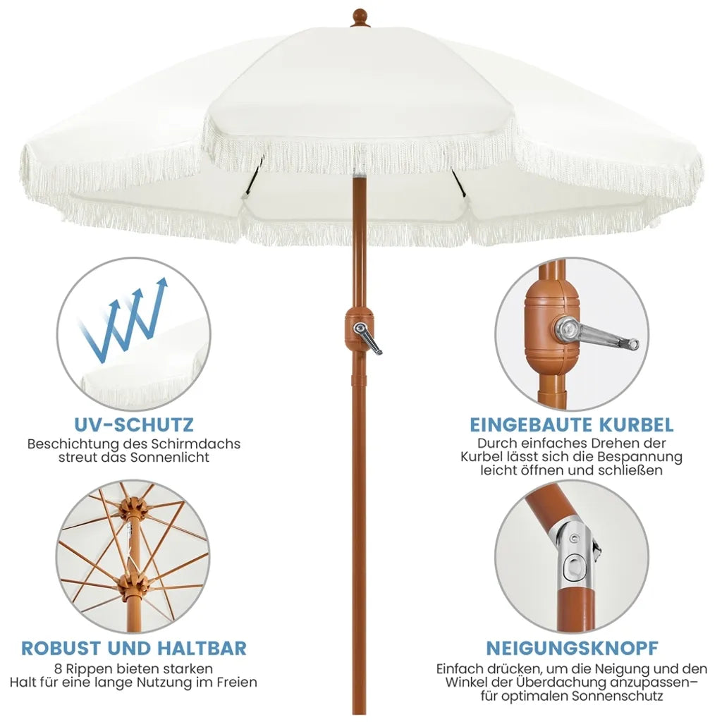 Yaheetech Sonnenschirm - Mit Fransen - Kippbar - Mit Kurbel - Ø215 cm - Cremeweiß - Retro Design