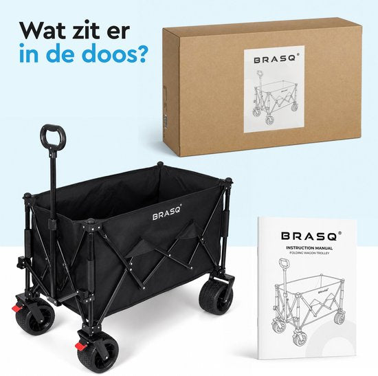 BRASQ Klappbarer Handwagen – 165 Liter – 100 kg Tragkraft – Schwenkbare Räder mit Bremse – 90 x 52 x 110 cm – Verstellbarer Griff – Zusammenklappbarer Handwagen – Schwarz