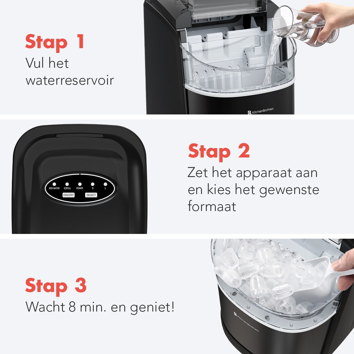 KitchenBrothers Eiswürfelbereiter - 1.6L - 8 min. - 12kg/24h - Selbstreinigungsfunktion - Eiswürfelbereiter mit Eisportionierer - Schwarz