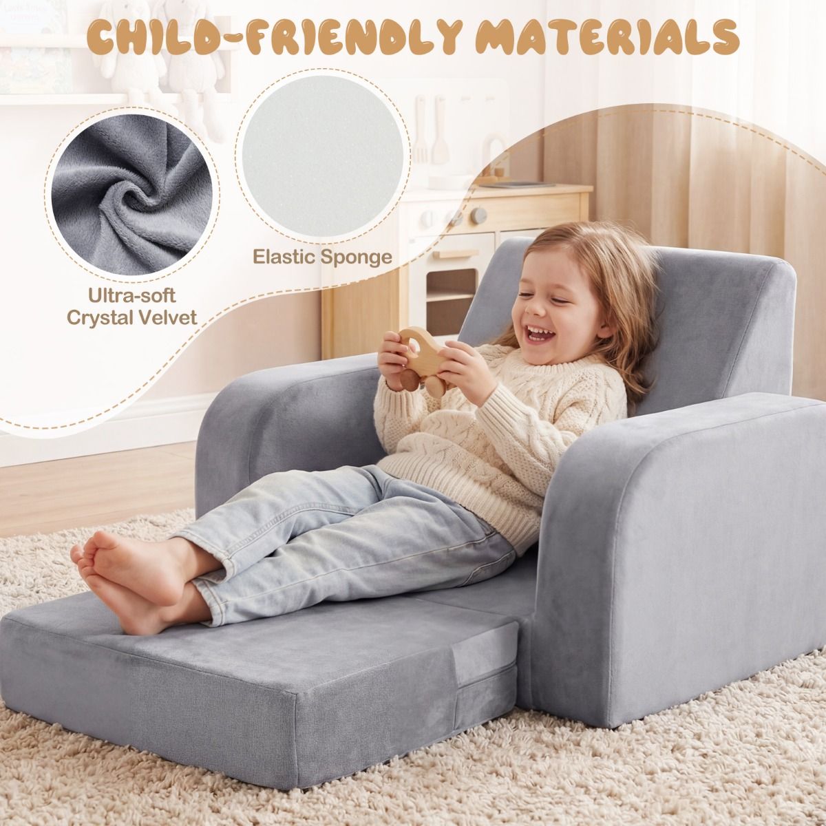 Coast Klappbare Kinderbank – 3-in-1-Kinderbank, Loungesessel und Kinderbett – Ultraweiches Kristallvelours – Grau