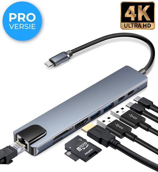Nuvance - USB C Hub 3.0 - 8 Anschlüsse - USB-Splitter mit Ethernet - USB C zu HDMI - USB Hub 3.0 - Docking Station Laptop - Micro SD Kartenleser - HDMI 4K - Grau
